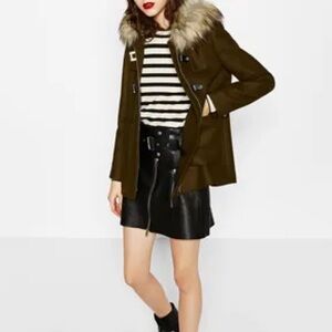 Zara Green Wool Hooded Fur-Trimmed Coat